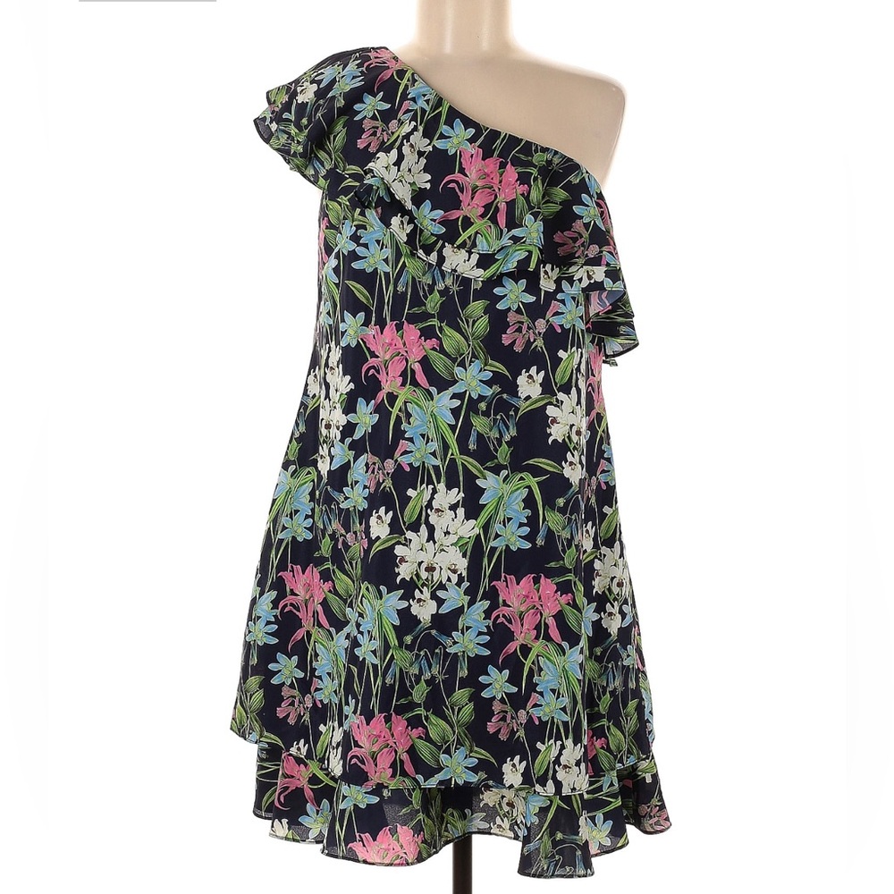 Chelesea28 Womens Dress Size 8 Blue Floral Print One Shoulder Ruffles